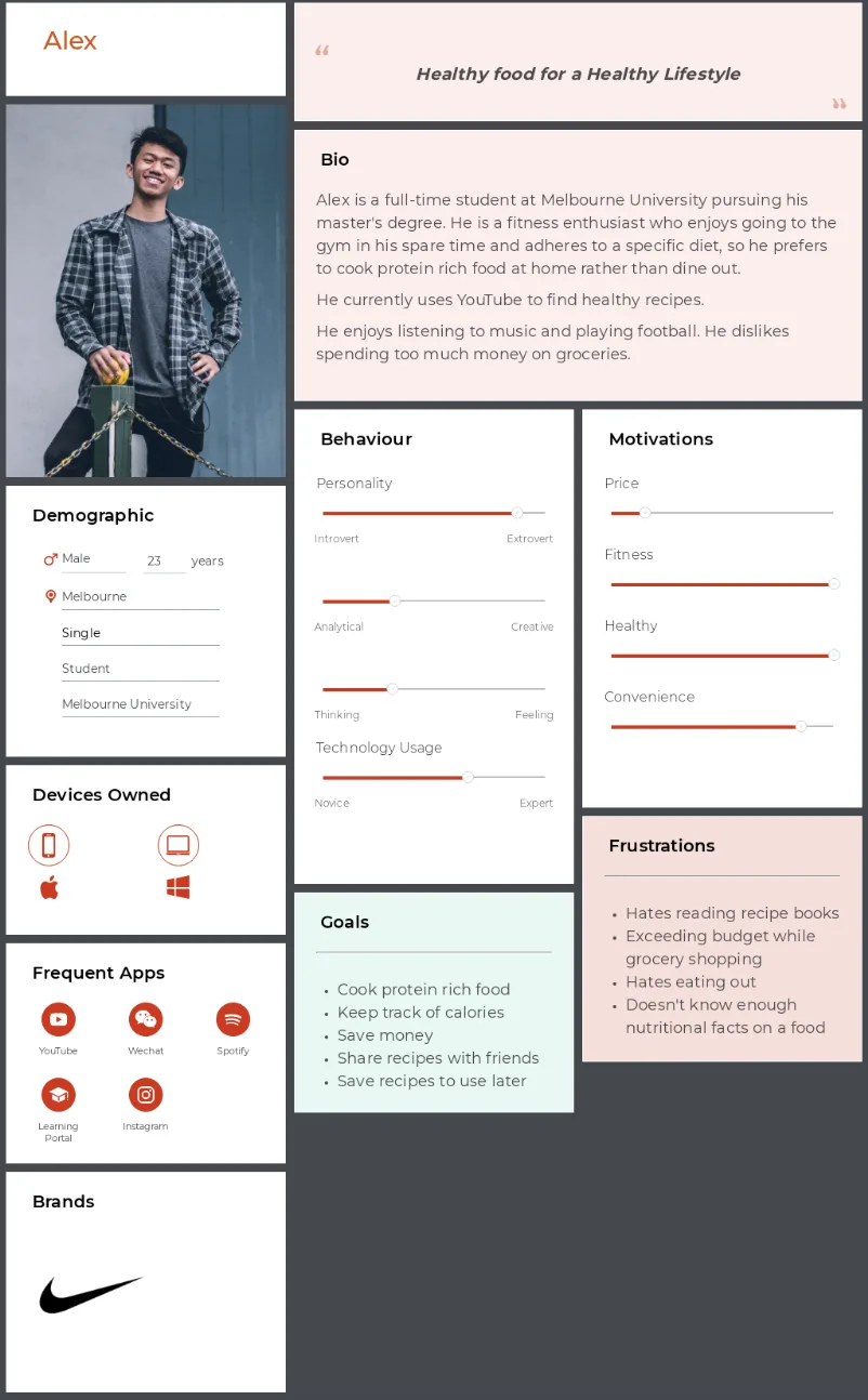Alex, the primary persona for Recipe App: a 23-year-old student in Melbourne who cooks protein-rich food at home rather than eating out